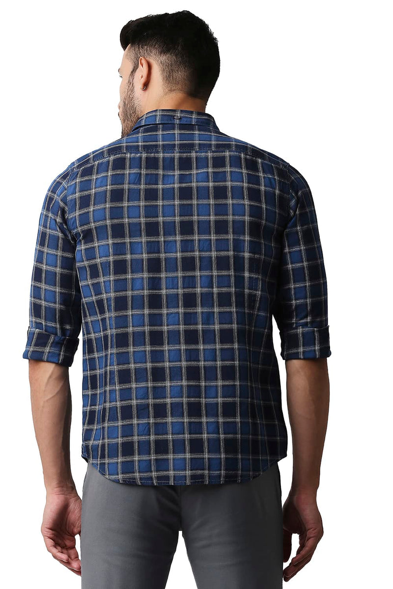 BASICS SLIM FIT INDIGO CHECKS SHIRT