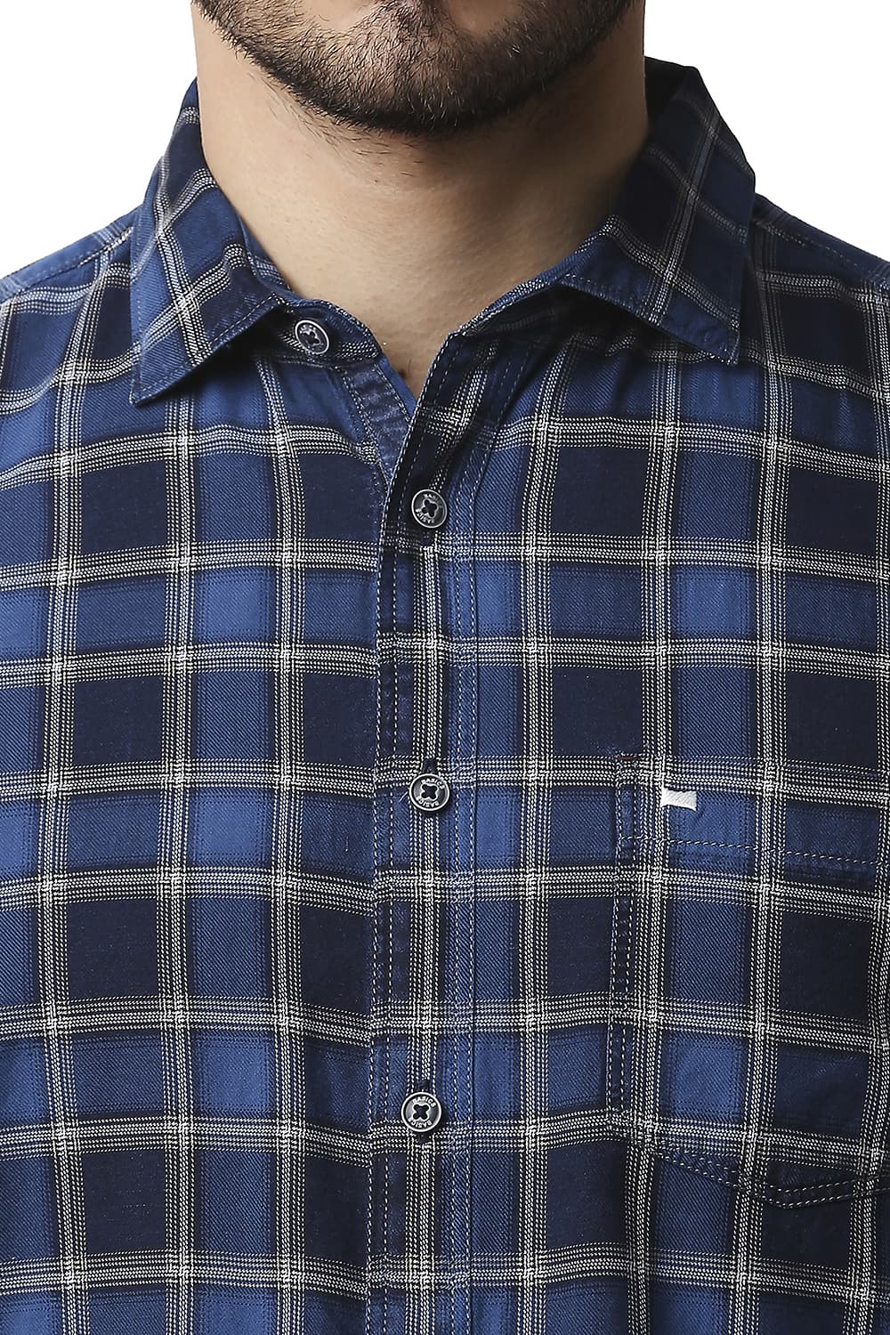 BASICS SLIM FIT INDIGO CHECKS SHIRT