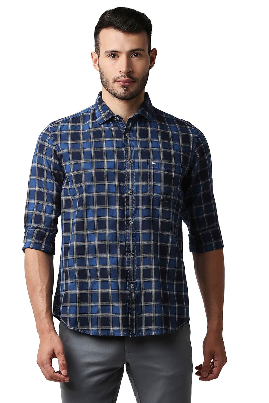 BASICS SLIM FIT DEEP WATER BLUE INDIGO CHECKS SHIRT