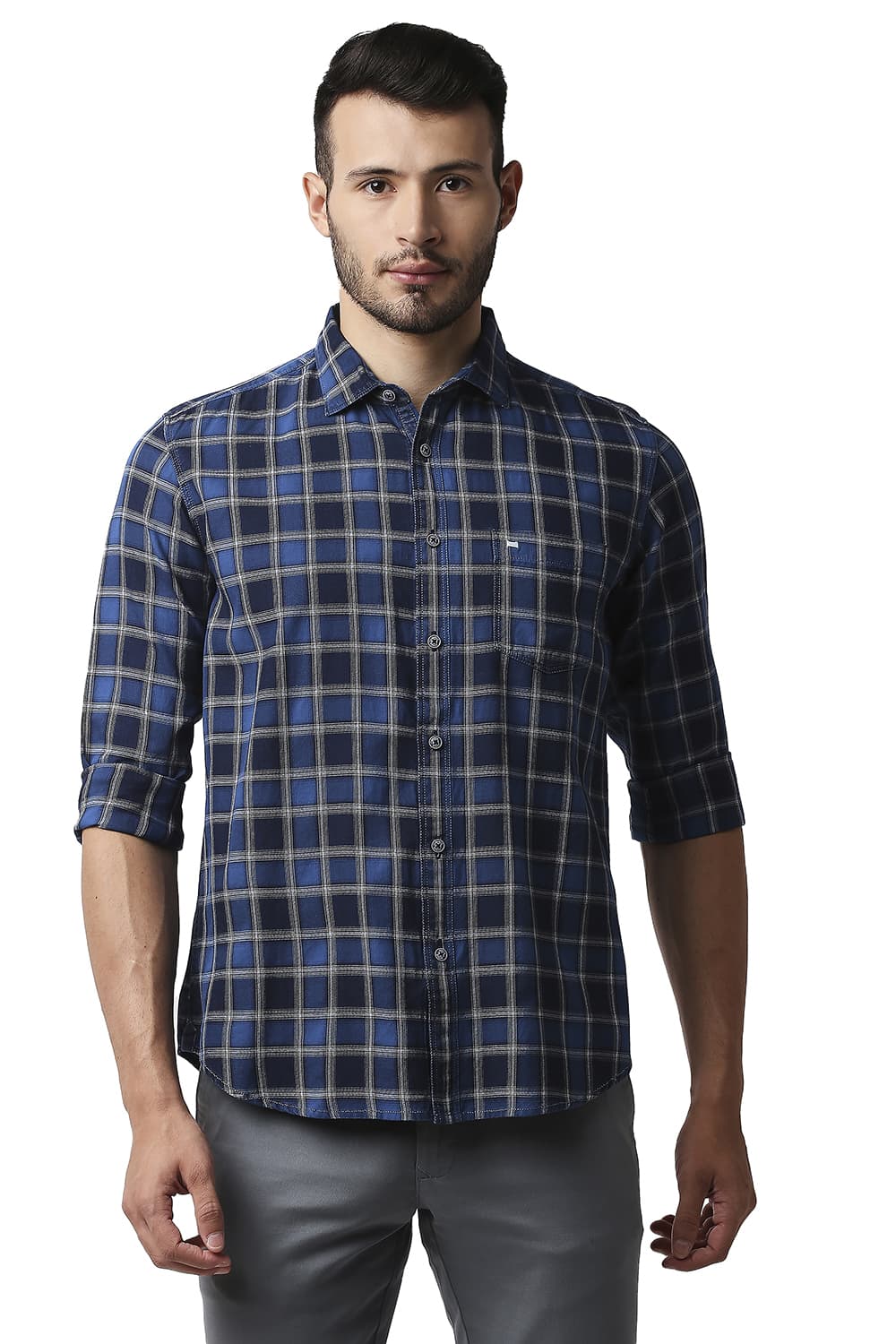 BASICS SLIM FIT INDIGO CHECKS SHIRT