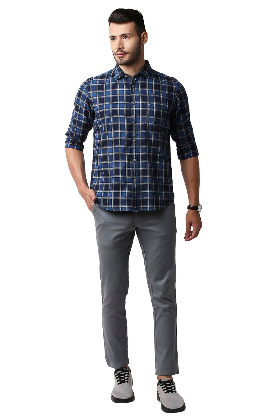 BASICS SLIM FIT DEEP WATER BLUE INDIGO CHECKS SHIRT