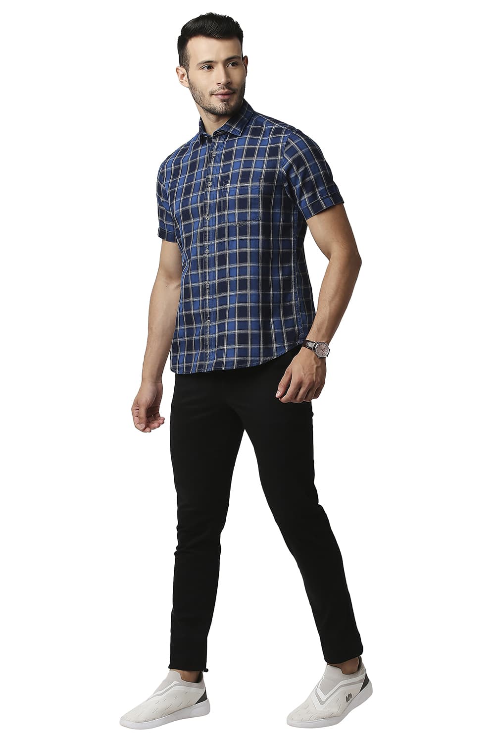 BASICS SLIM FIT INDIGO CHECKS HALFSLEEVES SHIRT