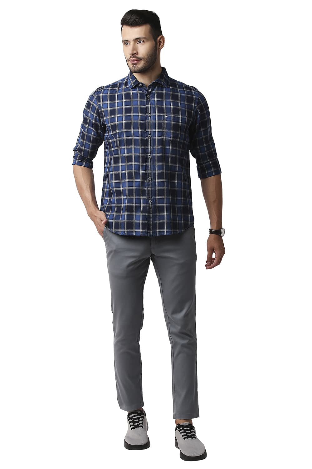 BASICS SLIM FIT INDIGO CHECKS SHIRT