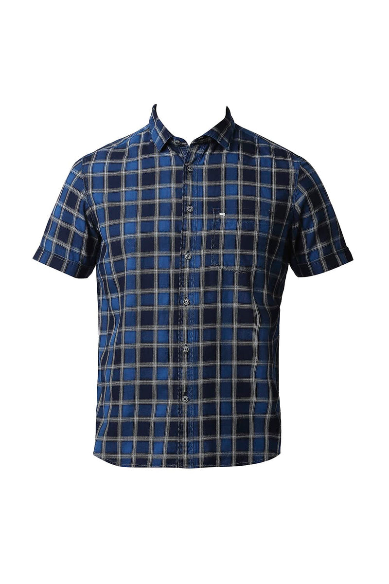 BASICS SLIM FIT INDIGO CHECKS HALFSLEEVES SHIRT