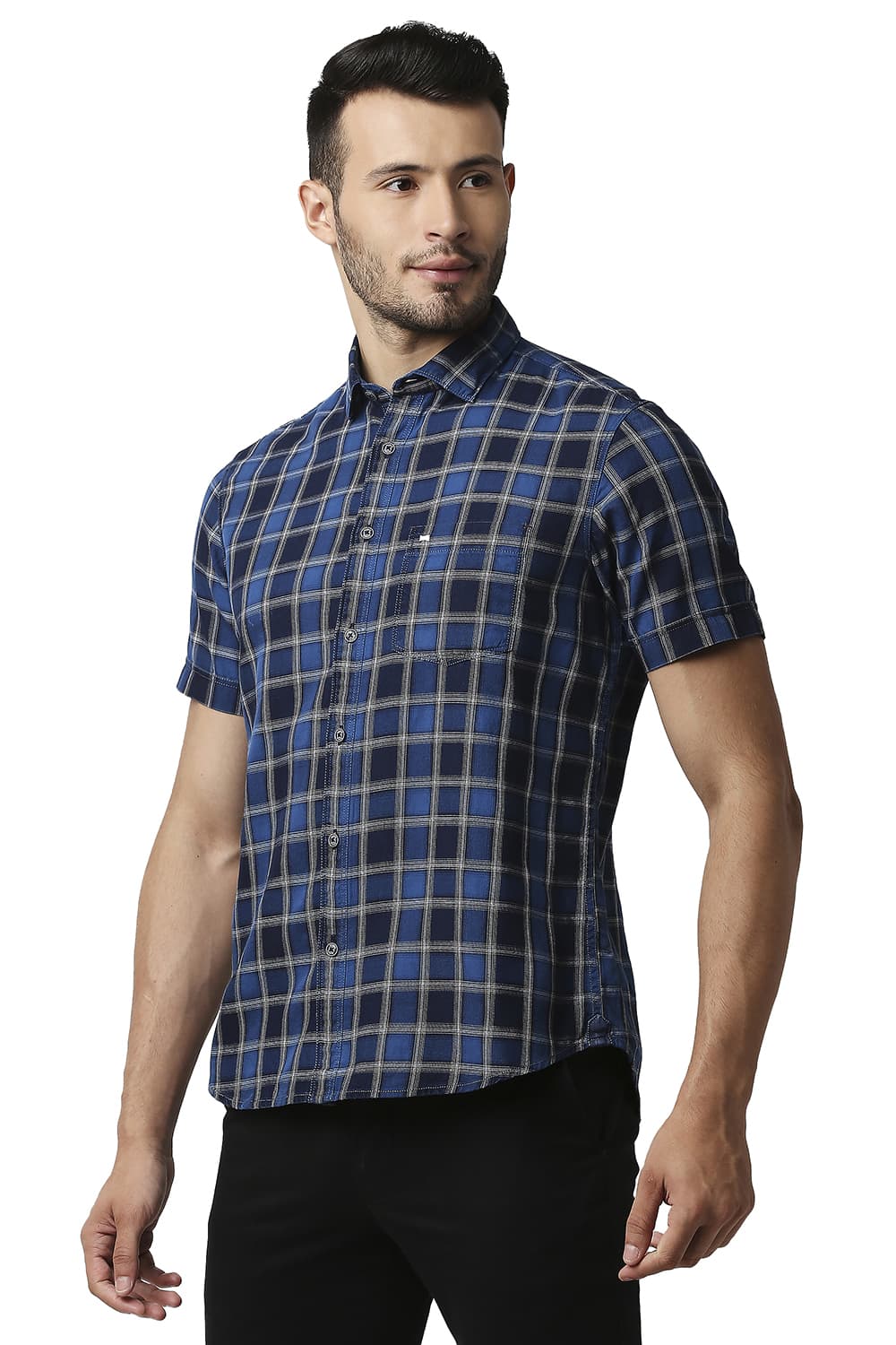 BASICS SLIM FIT INDIGO CHECKS HALFSLEEVES SHIRT