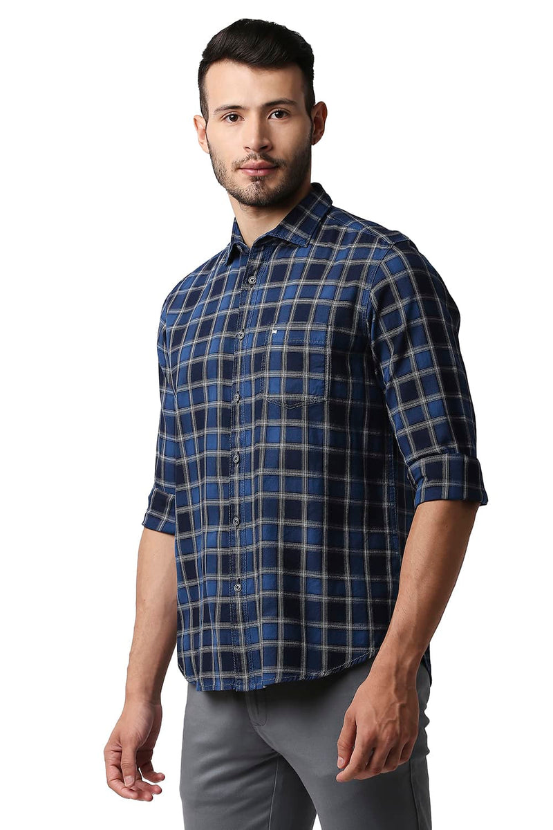 BASICS SLIM FIT INDIGO CHECKS SHIRT