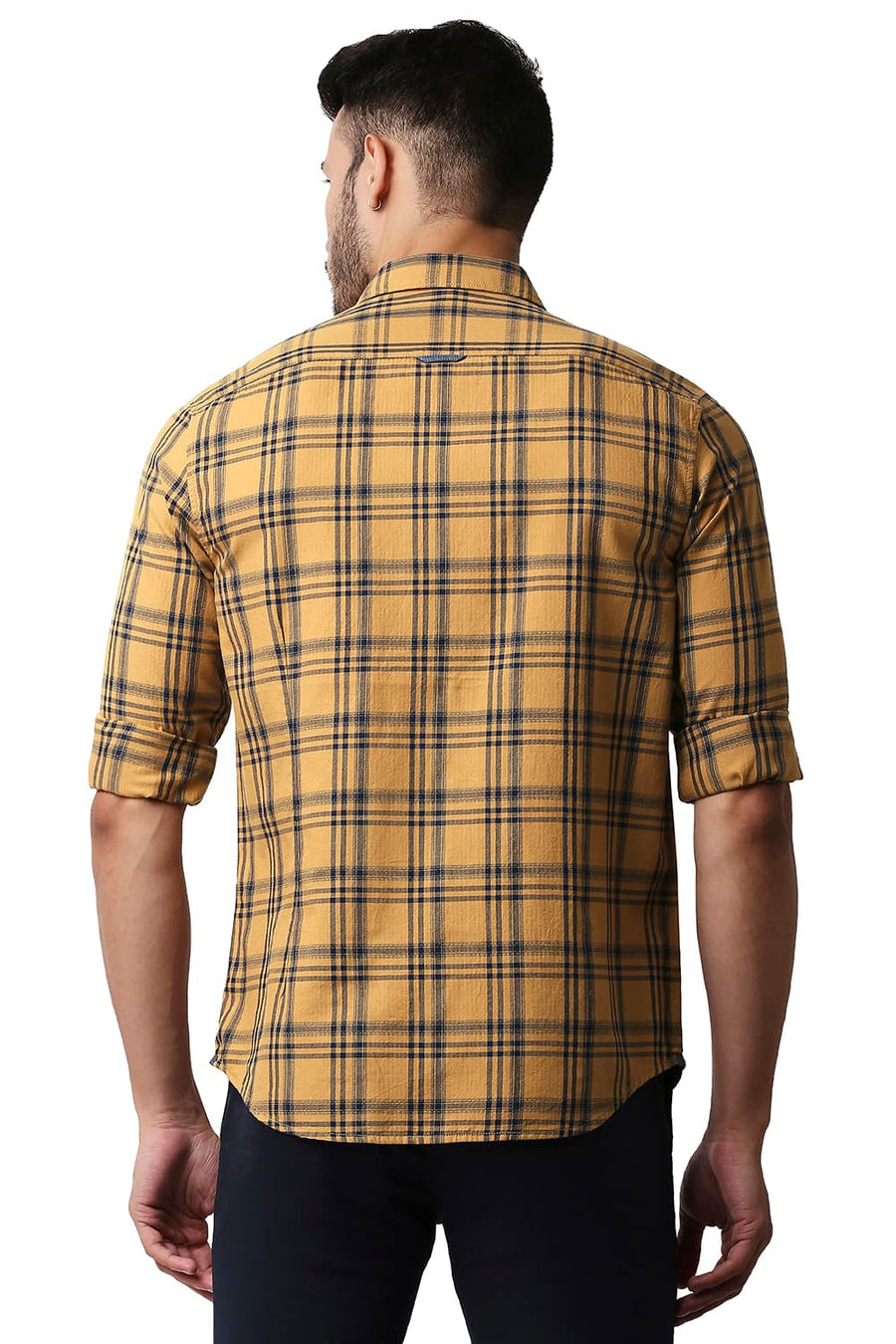 BASICS SLIM FIT TAN BROWN HERRING BONE TWILL CHECKS SHIRT