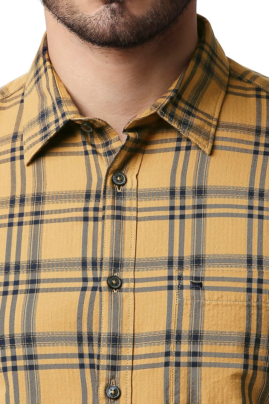 BASICS SLIM FIT TAN BROWN HERRING BONE TWILL CHECKS SHIRT