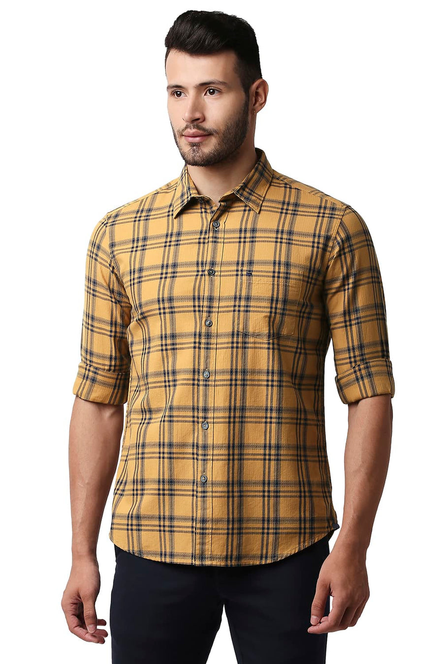 BASICS SLIM FIT TAN BROWN HERRING BONE TWILL CHECKS SHIRT