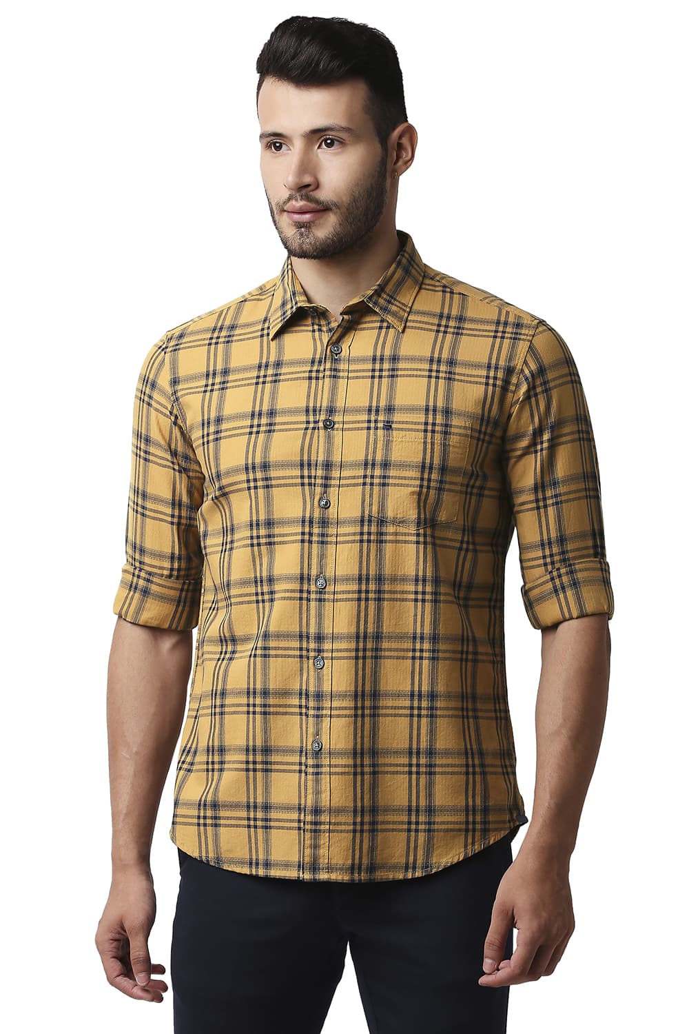 BASICS SLIM FIT HERRING BONE TWILL CHECKS SHIRT