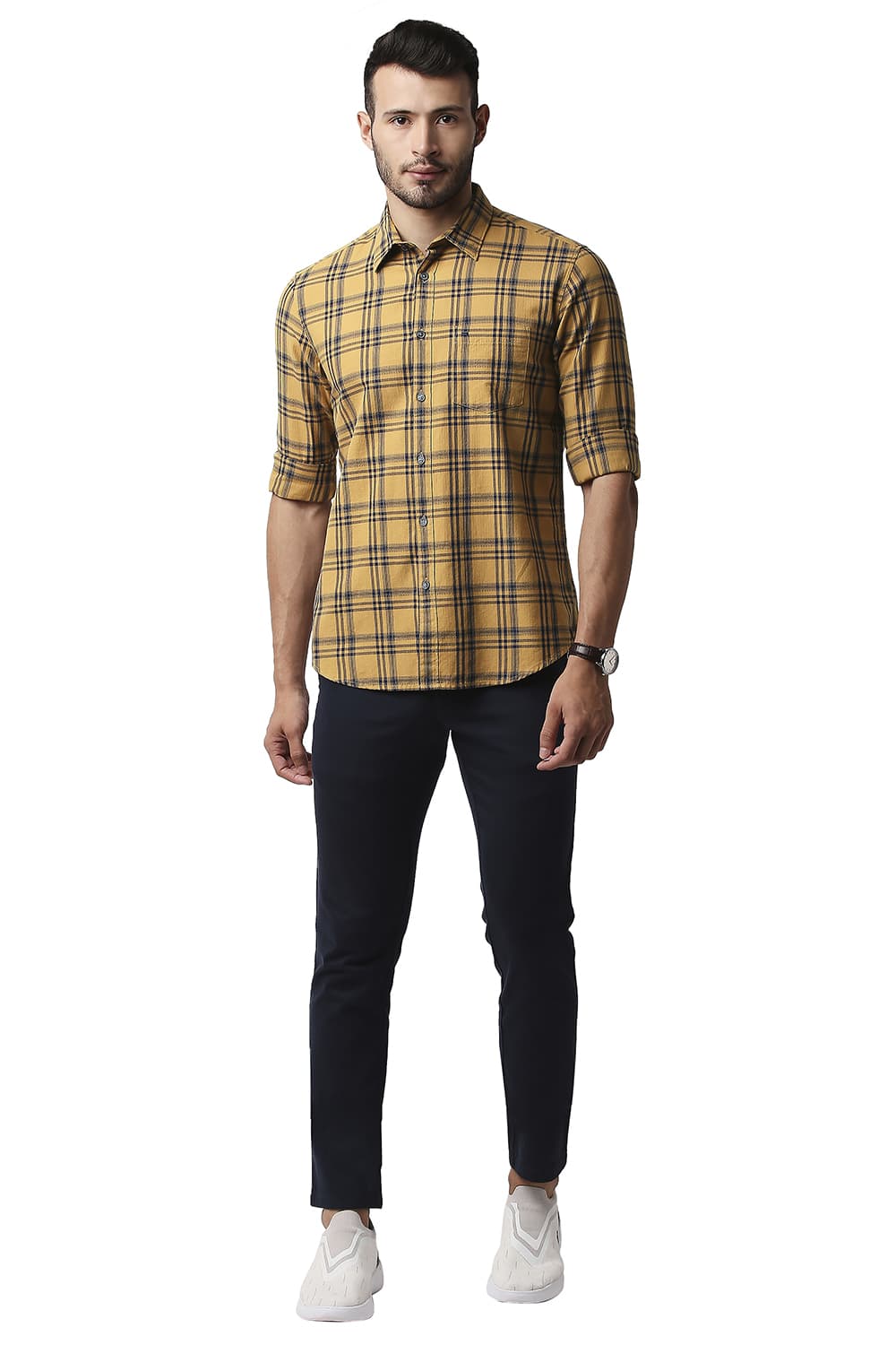 BASICS SLIM FIT HERRING BONE TWILL CHECKS SHIRT