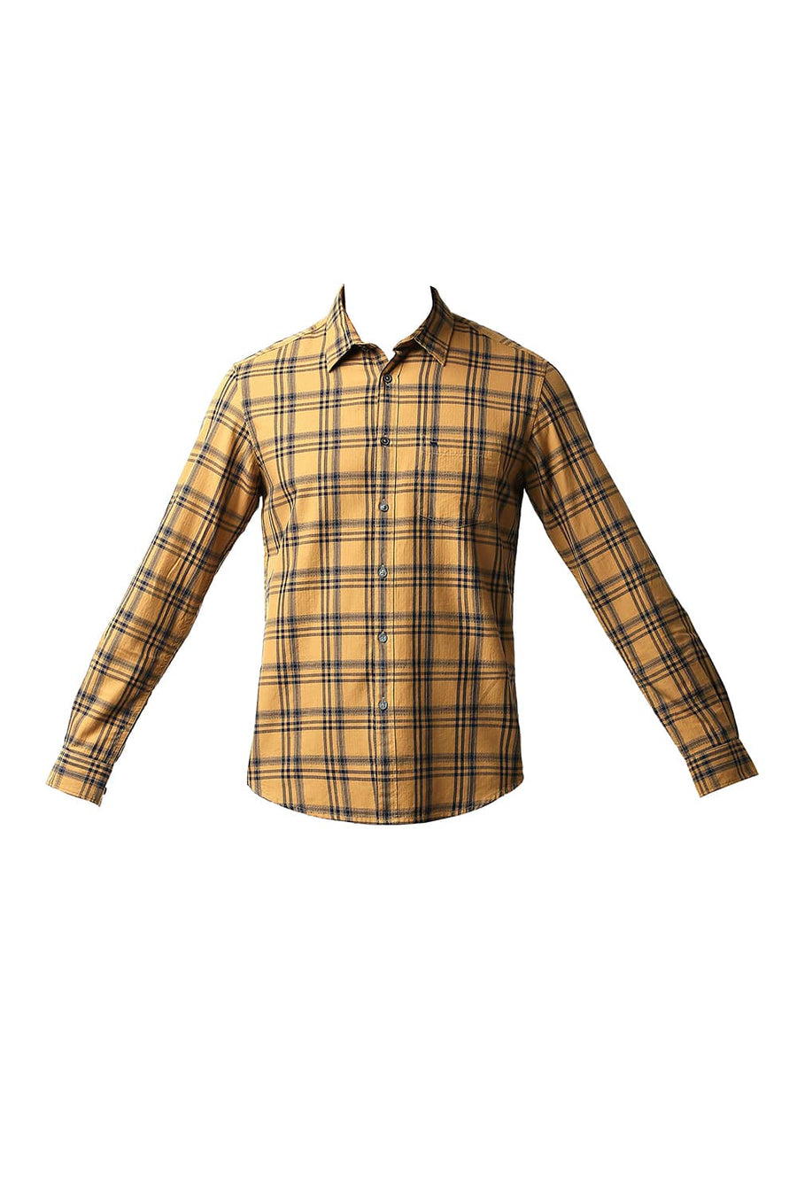 BASICS SLIM FIT TAN BROWN HERRING BONE TWILL CHECKS SHIRT
