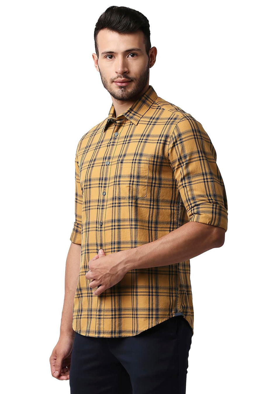 BASICS SLIM FIT TAN BROWN HERRING BONE TWILL CHECKS SHIRT