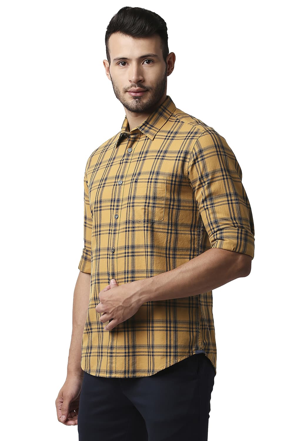 BASICS SLIM FIT HERRING BONE TWILL CHECKS SHIRT