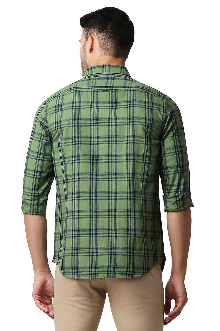 BASICS SLIM FIT EPSOM GREEN HERRING BONE TWILL CHECKS SHIRT