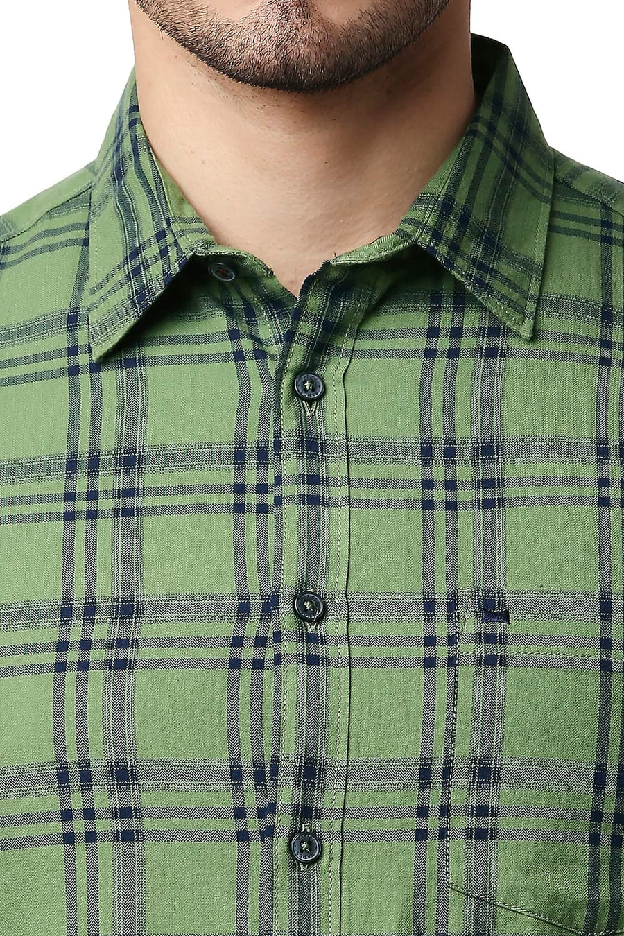 BASICS SLIM FIT EPSOM GREEN HERRING BONE TWILL CHECKS SHIRT
