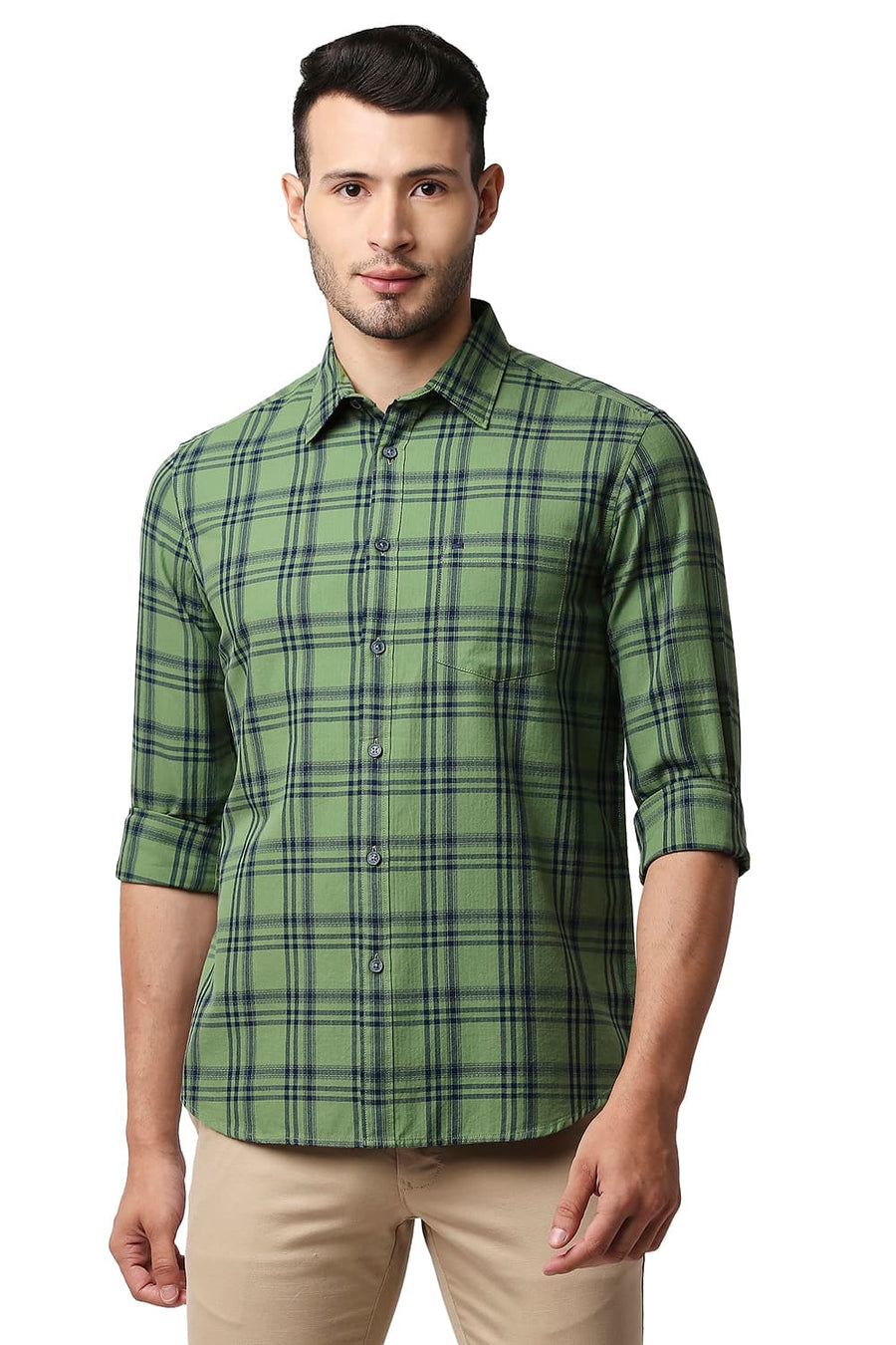 BASICS SLIM FIT EPSOM GREEN HERRING BONE TWILL CHECKS SHIRT
