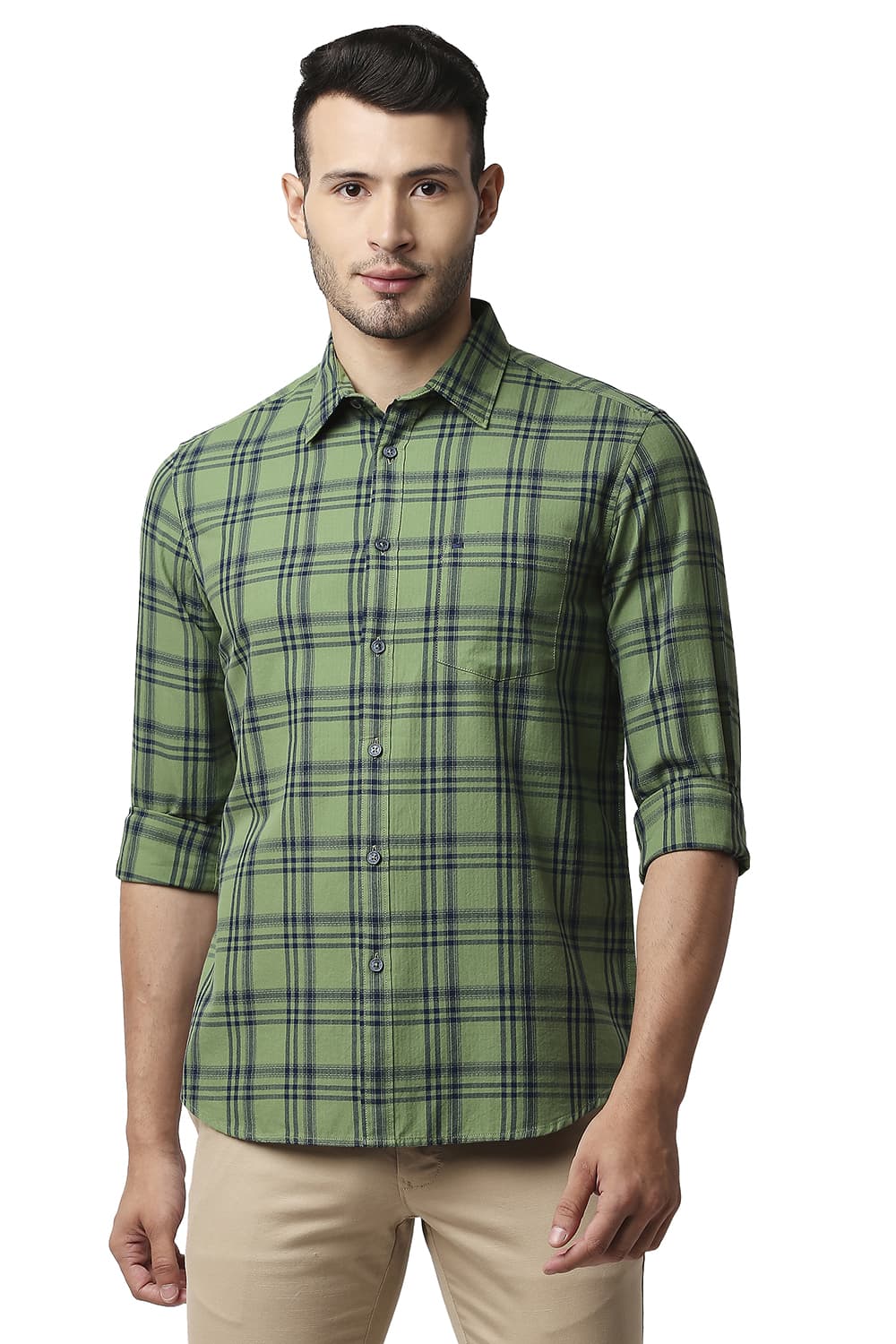 BASICS SLIM FIT HERRING BONE TWILL CHECKS SHIRT