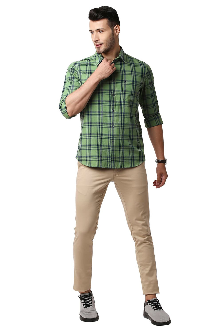 BASICS SLIM FIT EPSOM GREEN HERRING BONE TWILL CHECKS SHIRT