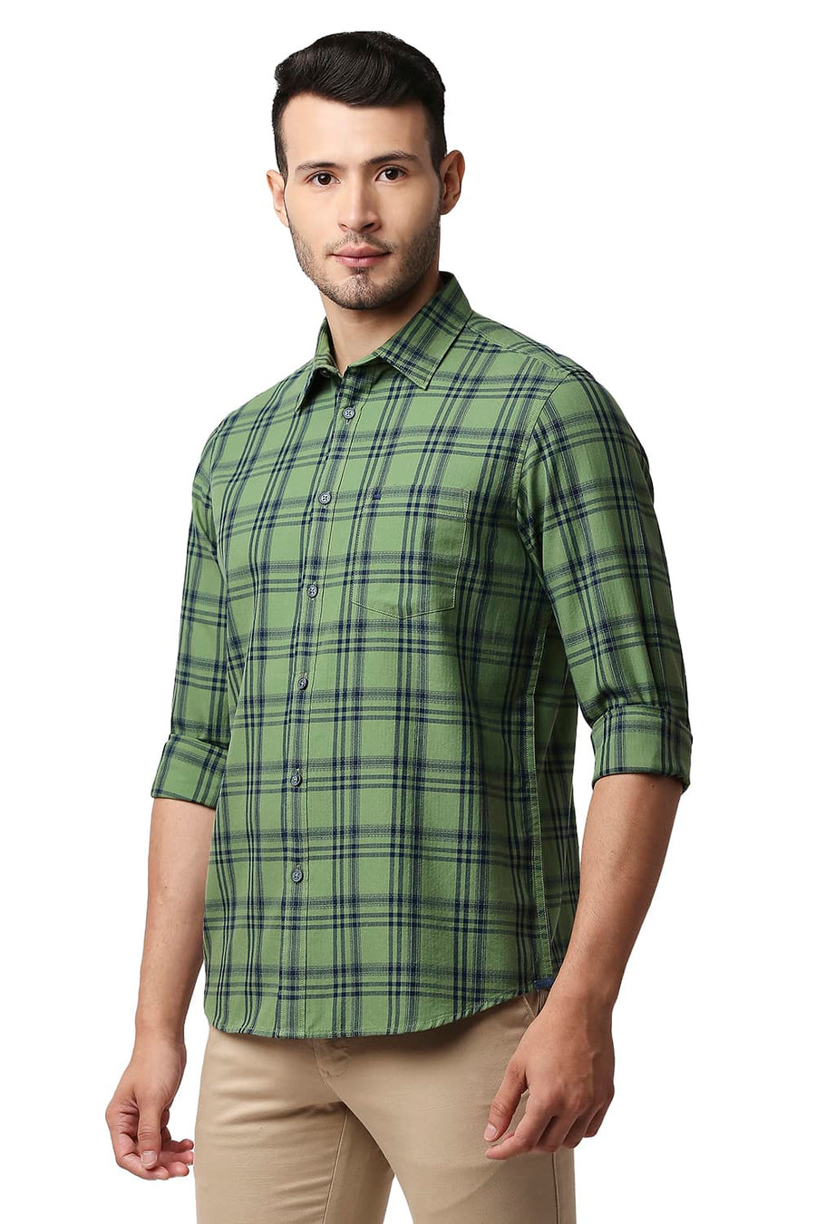 BASICS SLIM FIT EPSOM GREEN HERRING BONE TWILL CHECKS SHIRT