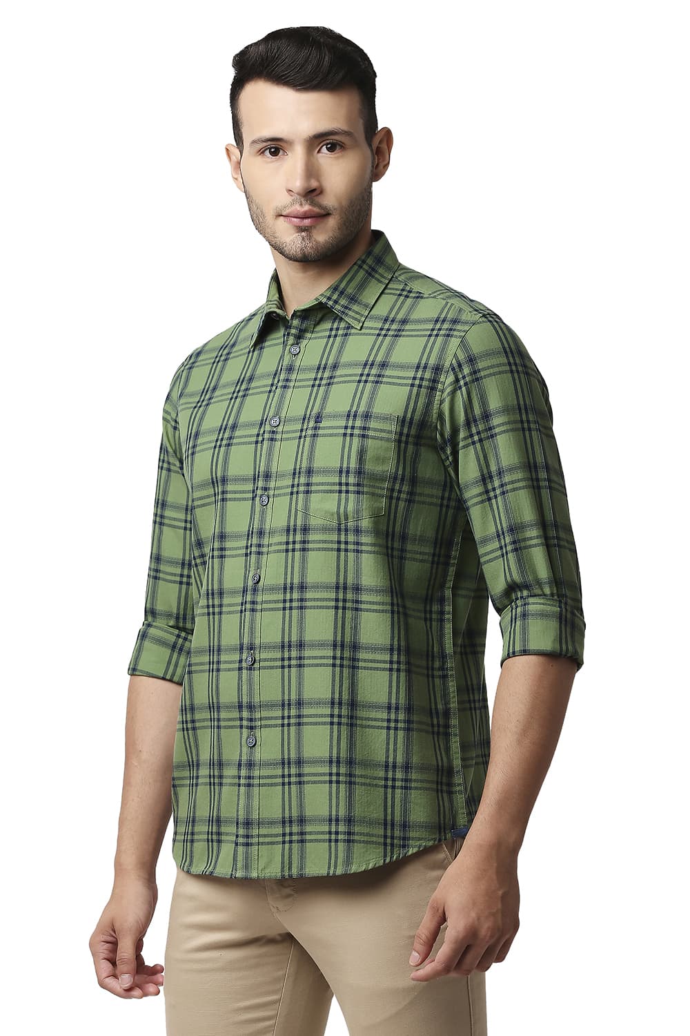 BASICS SLIM FIT HERRING BONE TWILL CHECKS SHIRT