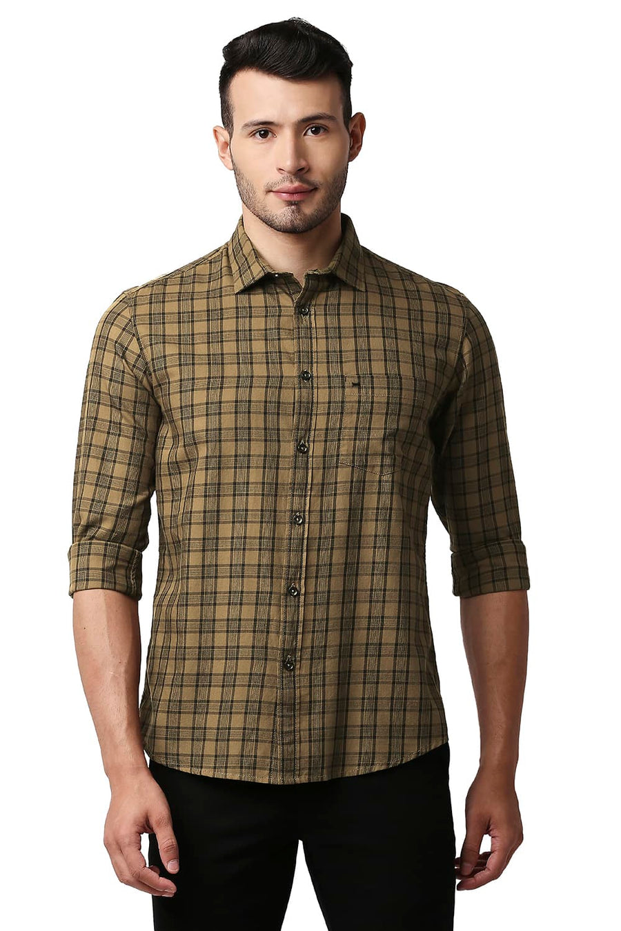 BASICS SLIM FIT APPLE CINNAMON TWILL CHECKS SHIRT