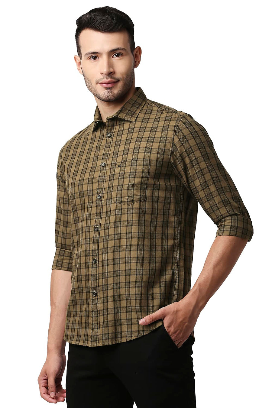 BASICS SLIM FIT APPLE CINNAMON TWILL CHECKS SHIRT
