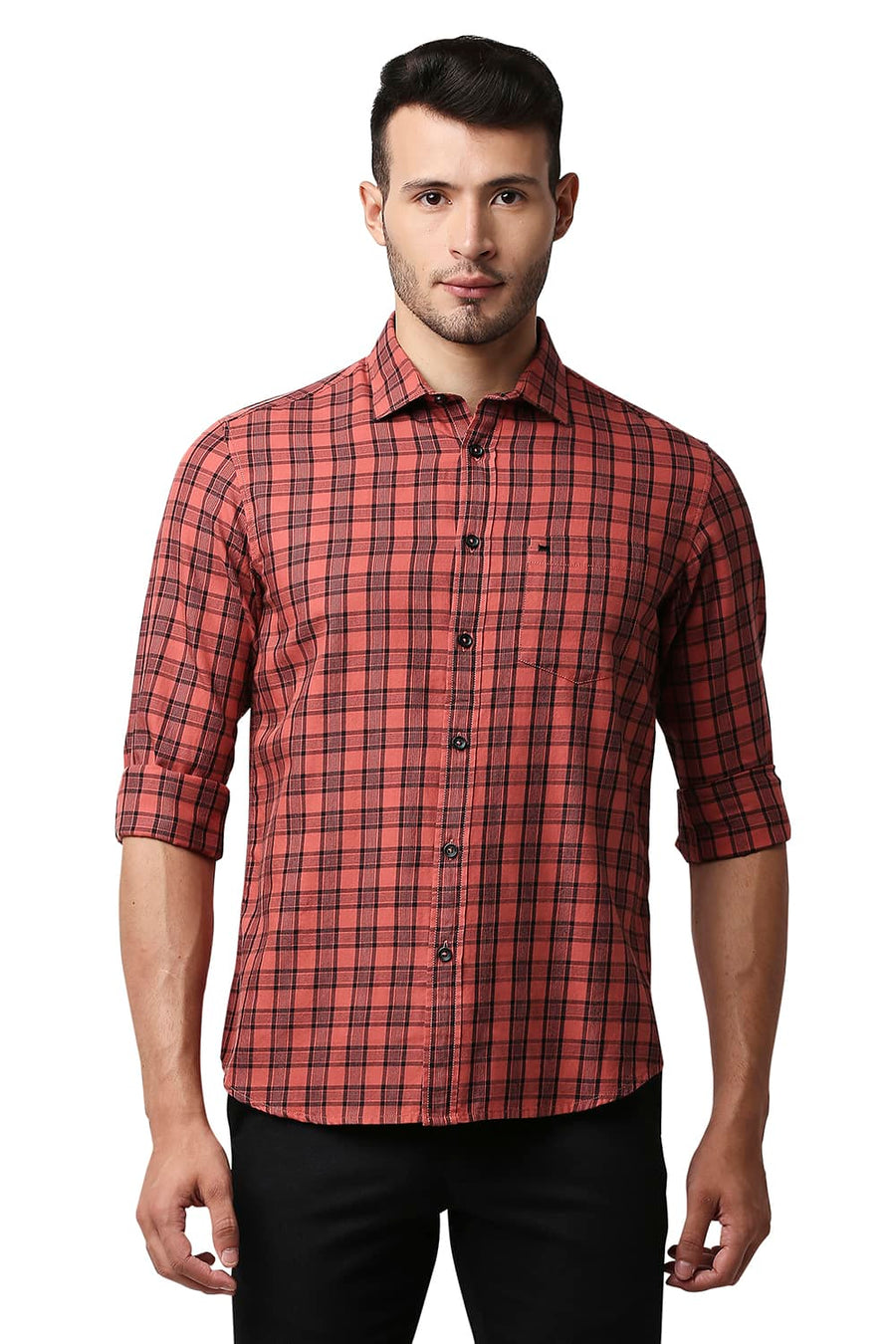 BASICS SLIM FIT CRYSTAL RED TWILL CHECKS SHIRT
