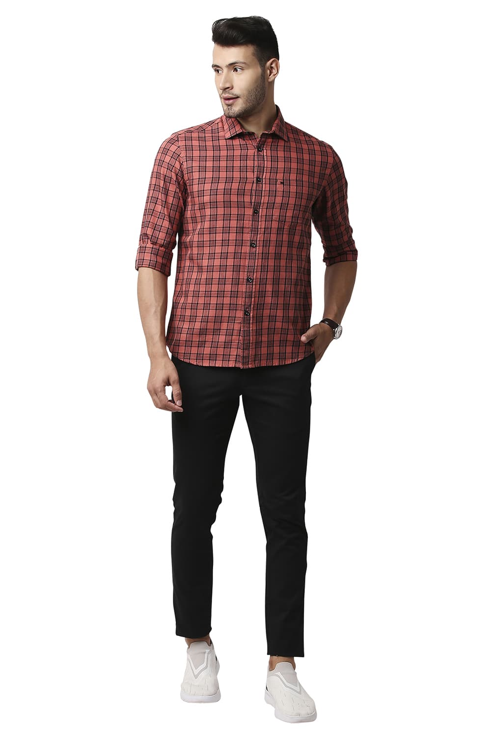 BASICS SLIM FIT TWILL CHECKS SHIRT