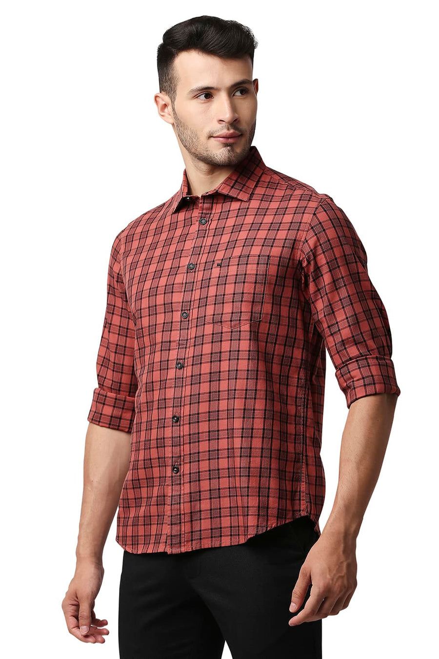 BASICS SLIM FIT CRYSTAL RED TWILL CHECKS SHIRT