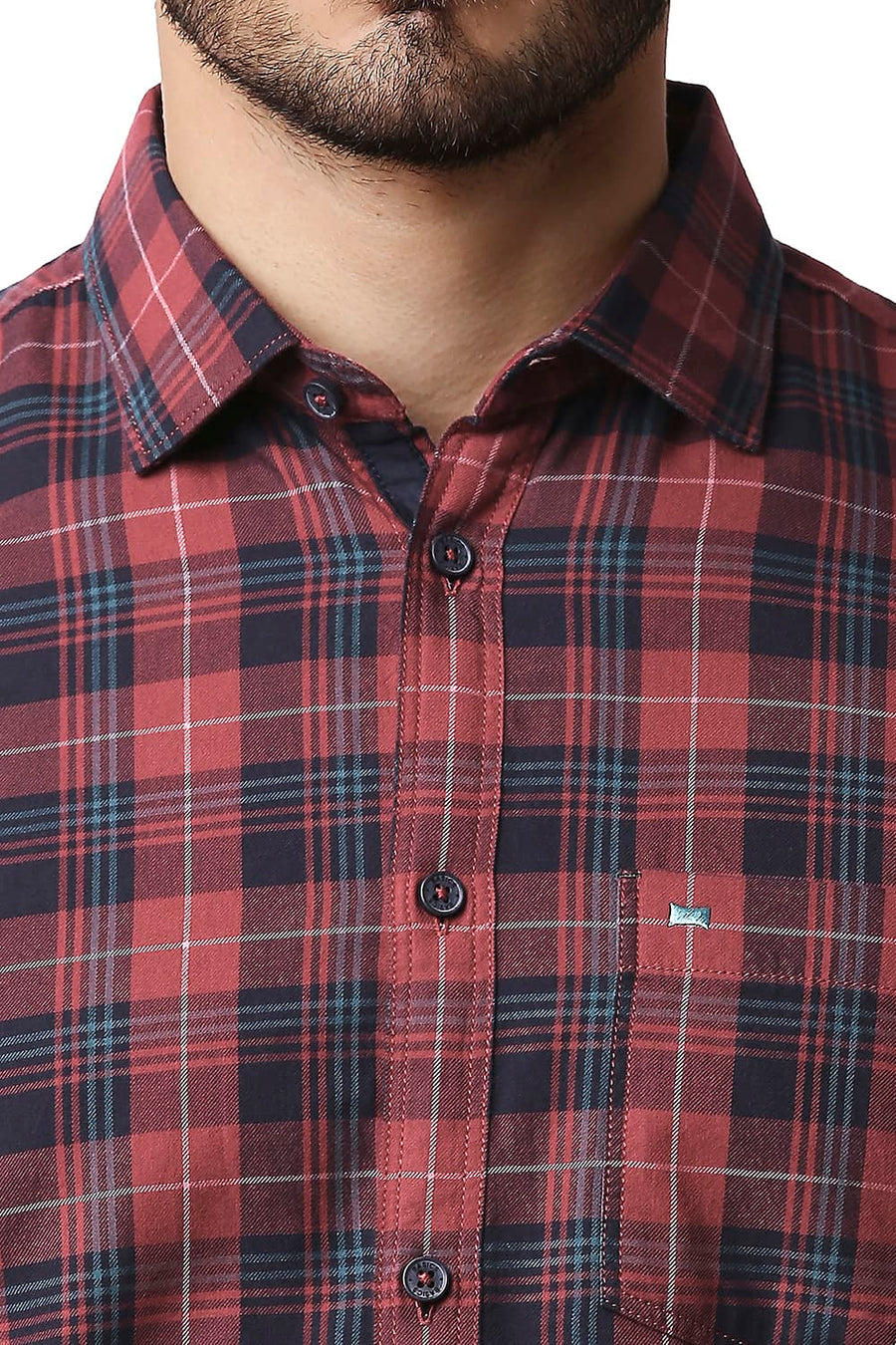 BASICS SLIM FIT MINERAL RED TWILL CHECKS SHIRT