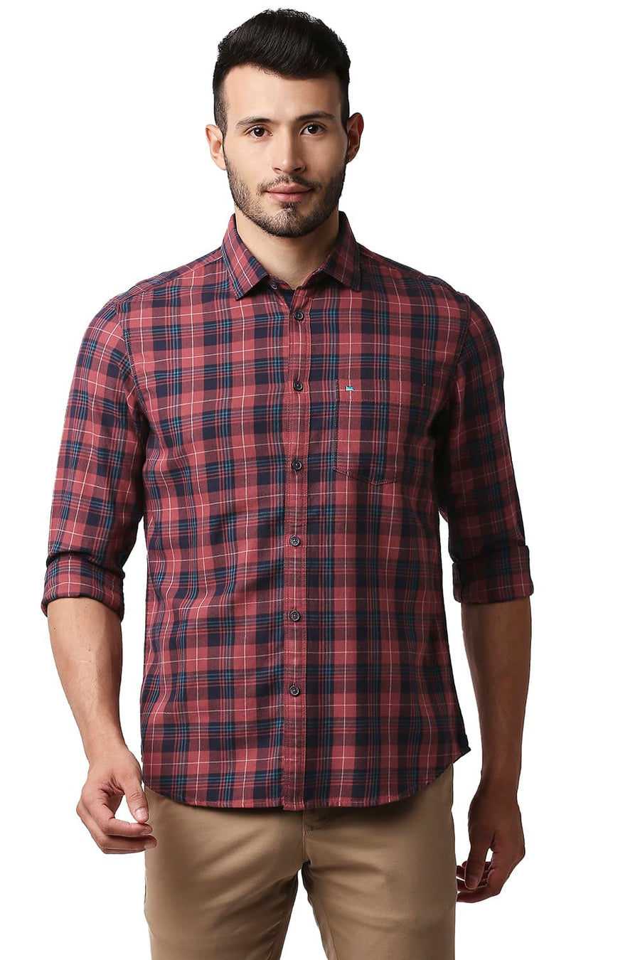 BASICS SLIM FIT MINERAL RED TWILL CHECKS SHIRT