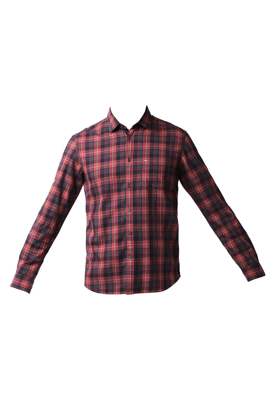 BASICS SLIM FIT MINERAL RED TWILL CHECKS SHIRT