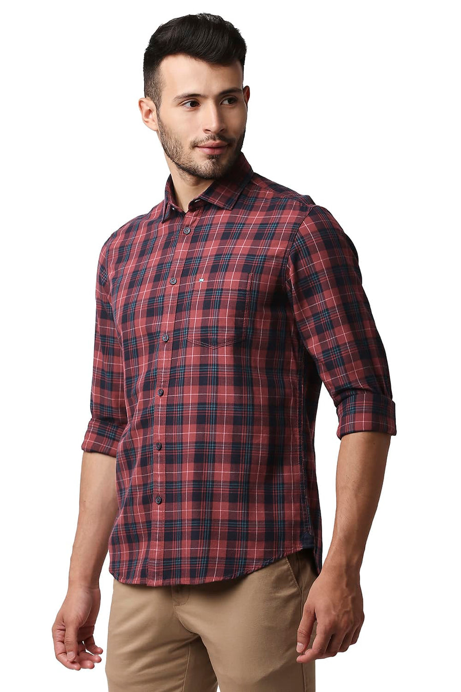 BASICS SLIM FIT MINERAL RED TWILL CHECKS SHIRT