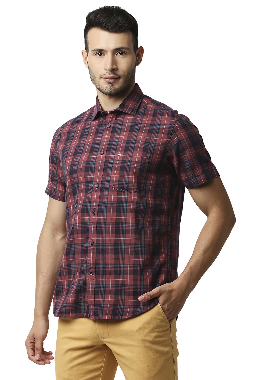 BASICS SLIM FIT TWILL CHECKS HALFSLEEVES SHIRT