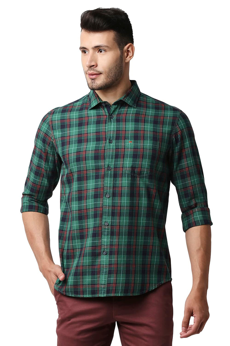 BASICS SLIM FIT GREEN LAKE TWILL CHECKS SHIRT