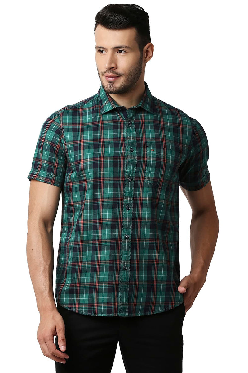 BASICS SLIM FIT TWILL CHECKS HALFSLEEVES SHIRT