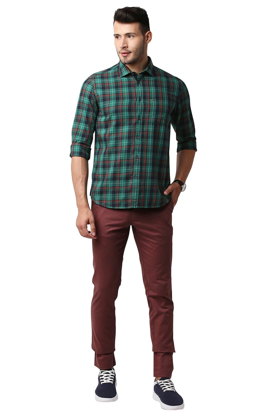 BASICS SLIM FIT GREEN LAKE TWILL CHECKS SHIRT