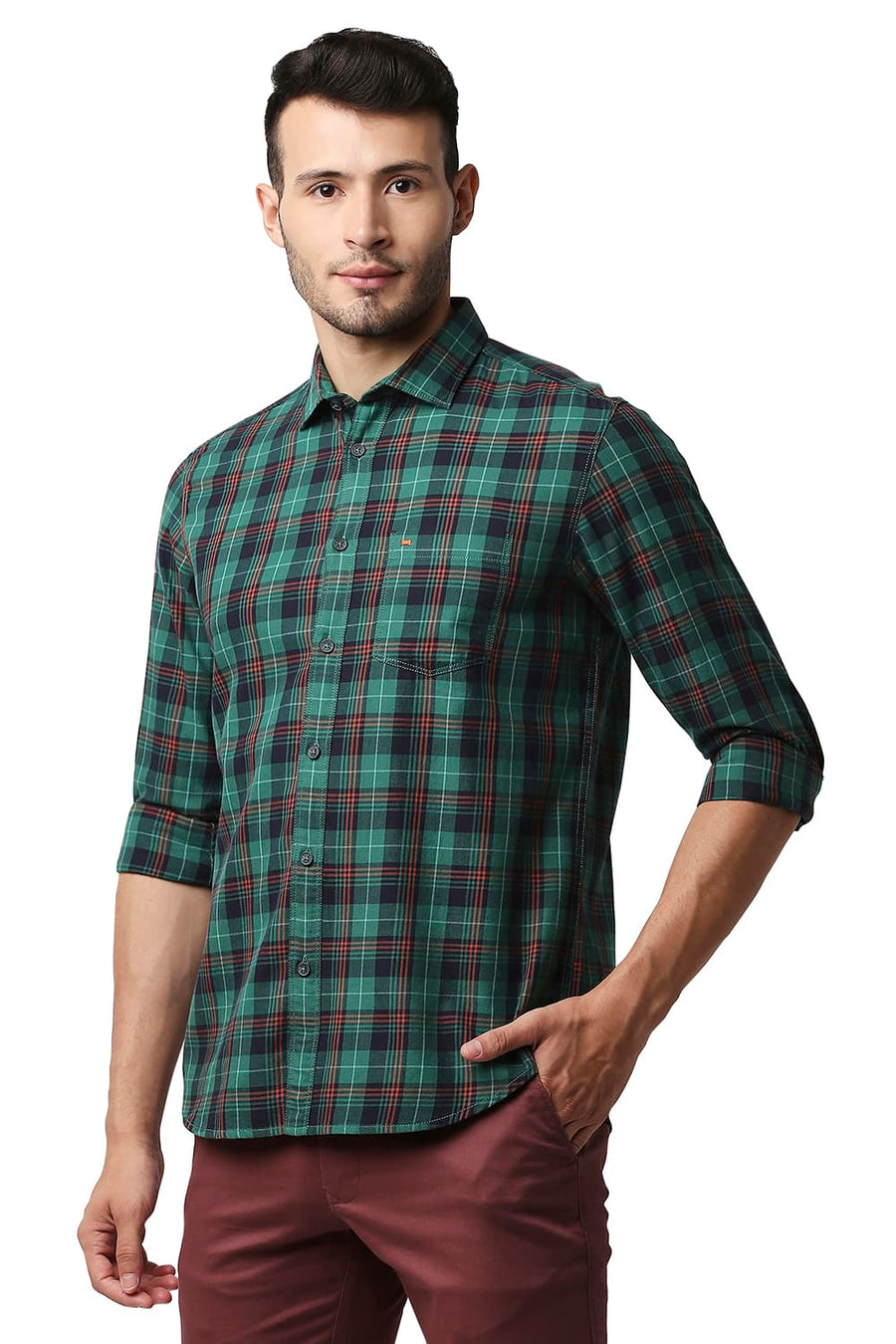BASICS SLIM FIT GREEN LAKE TWILL CHECKS SHIRT