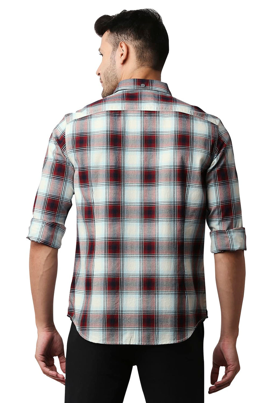 BASICS SLIM FIT FIERY ORANGE HERRING BONE TWILL CHECKS SHIRT