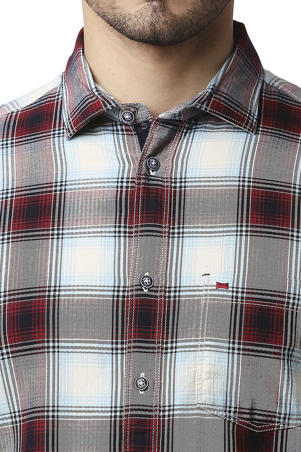 BASICS SLIM FIT HERRING BONE TWILL CHECKS SHIRT