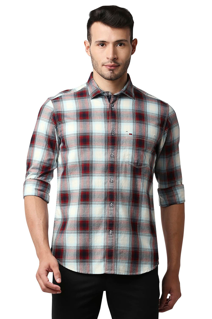 BASICS SLIM FIT FIERY ORANGE HERRING BONE TWILL CHECKS SHIRT
