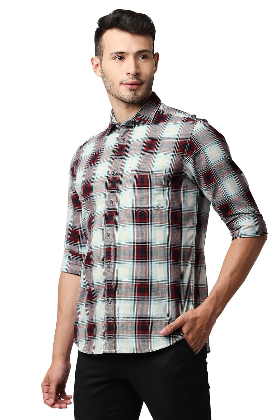 BASICS SLIM FIT FIERY ORANGE HERRING BONE TWILL CHECKS SHIRT