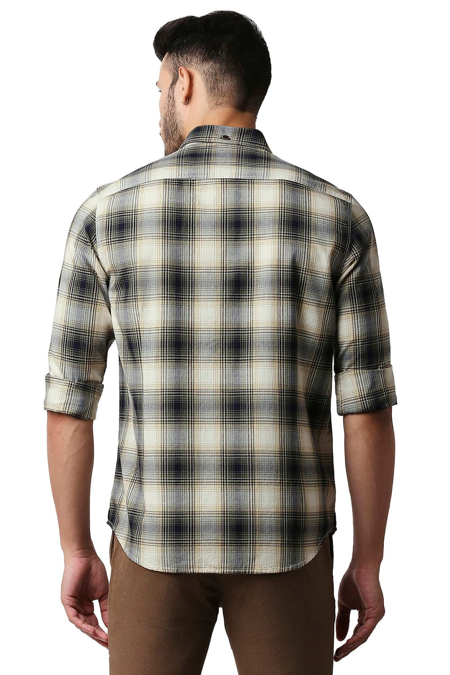 BASICS SLIM FIT COMFREY GREEN HERRING BONE TWILL CHECKS SHIRT