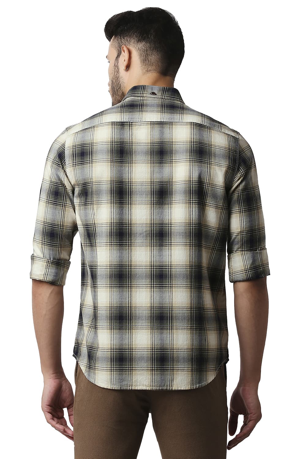 BASICS SLIM FIT HERRING BONE TWILL CHECKS SHIRT