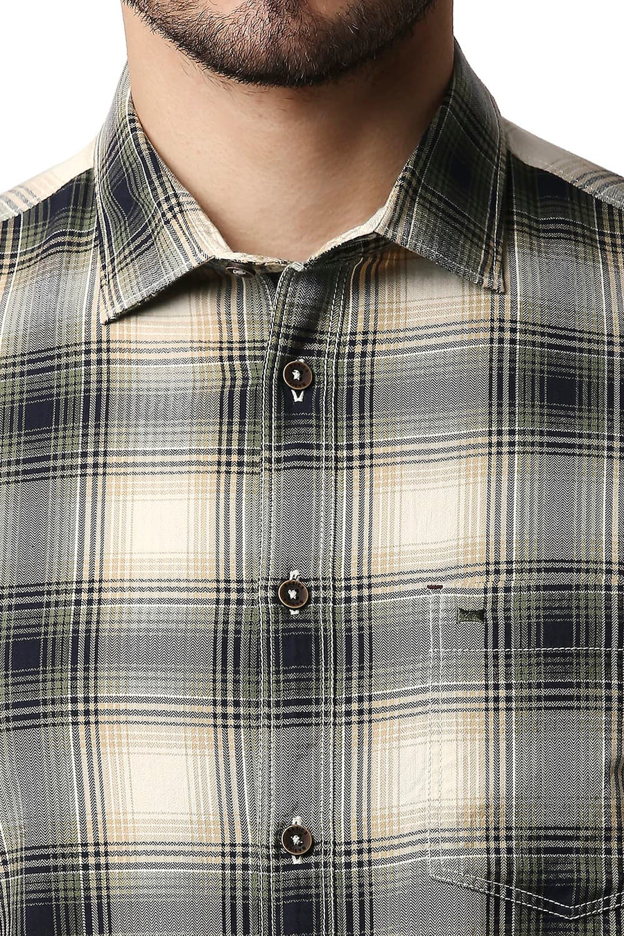 BASICS SLIM FIT COMFREY GREEN HERRING BONE TWILL CHECKS SHIRT