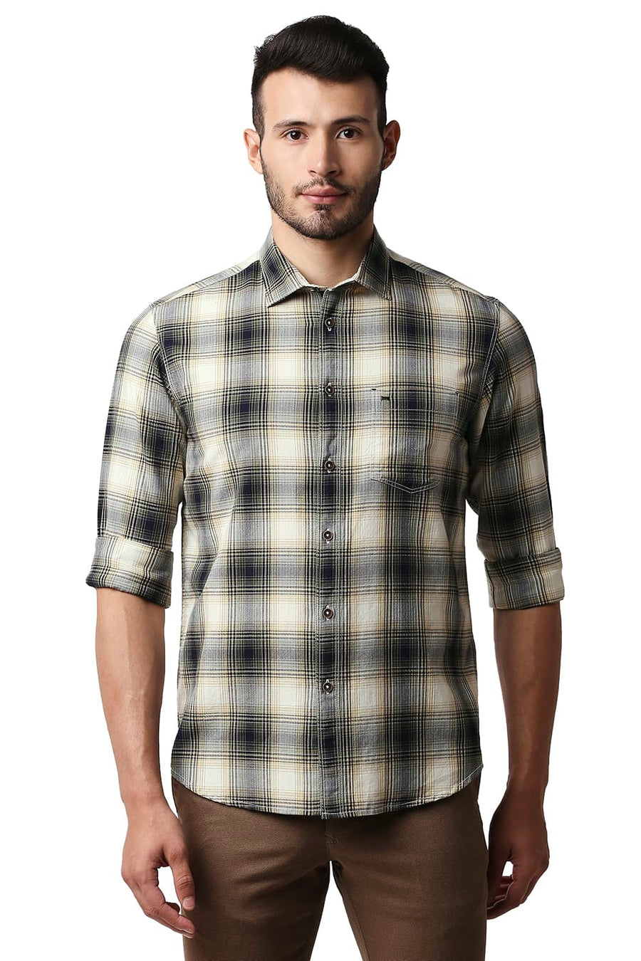 BASICS SLIM FIT COMFREY GREEN HERRING BONE TWILL CHECKS SHIRT