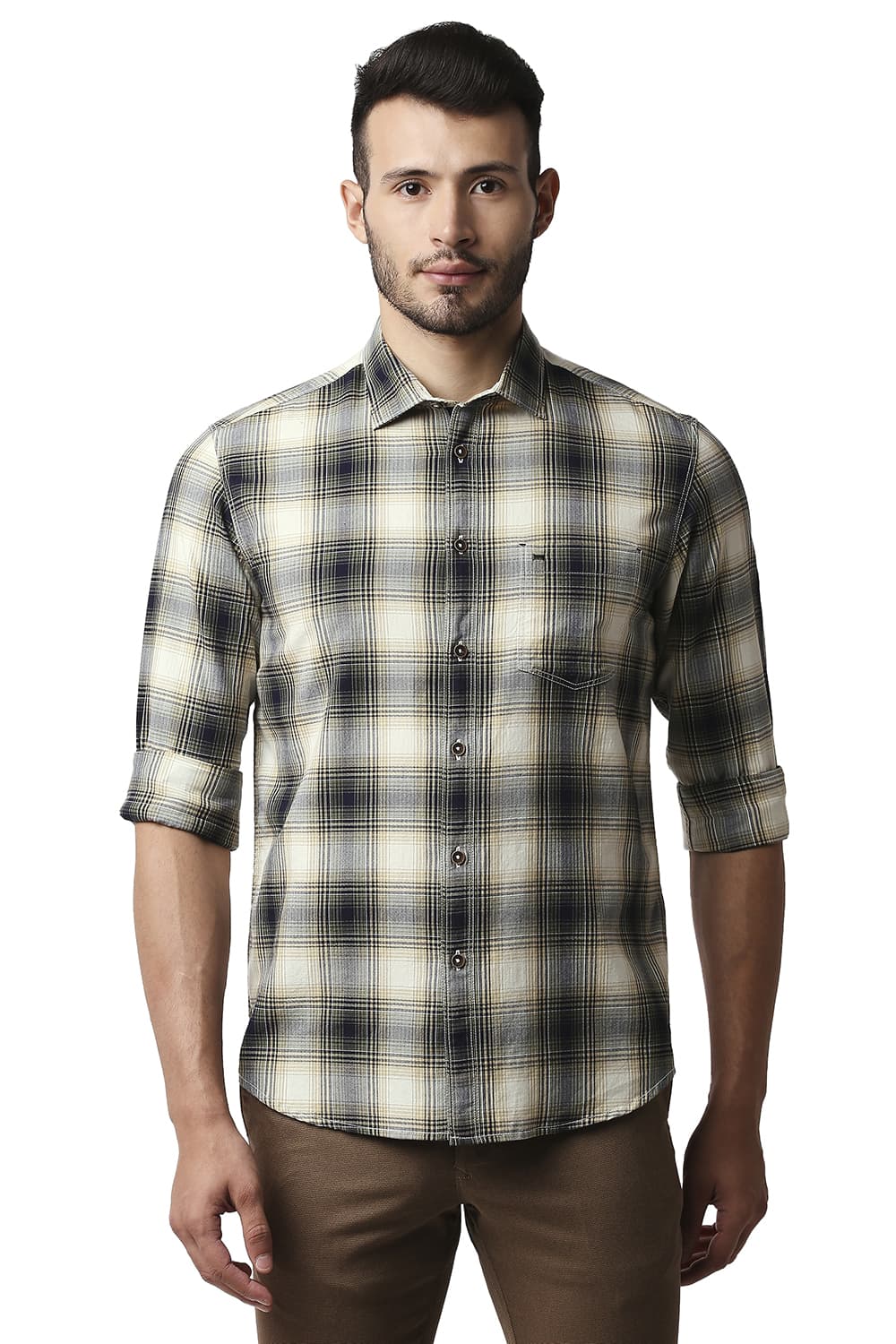 BASICS SLIM FIT HERRING BONE TWILL CHECKS SHIRT