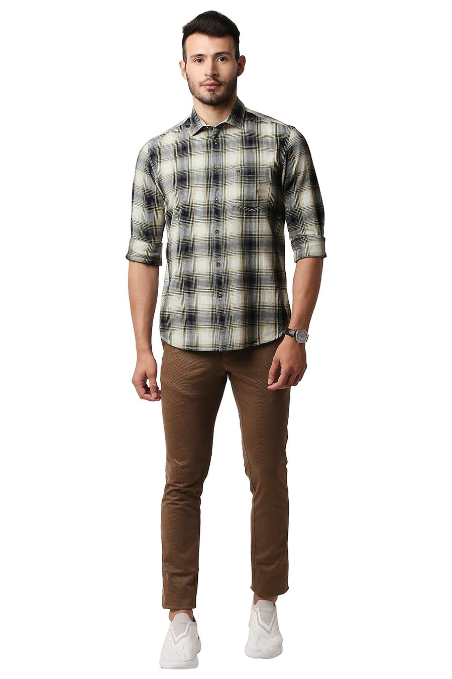 BASICS SLIM FIT COMFREY GREEN HERRING BONE TWILL CHECKS SHIRT