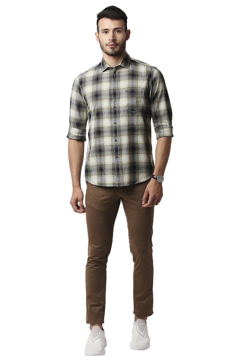 BASICS SLIM FIT HERRING BONE TWILL CHECKS SHIRT